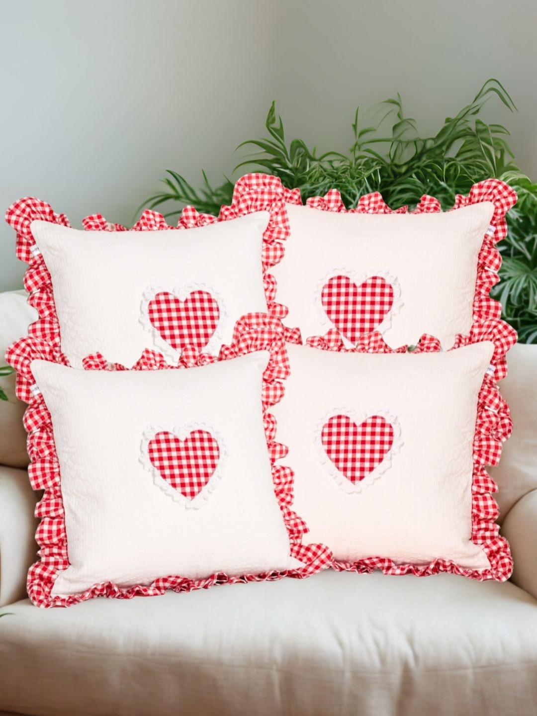 SLEEPY THREADS Red & White 4 Pieces Embellished Cotton Square Cushion Covers
