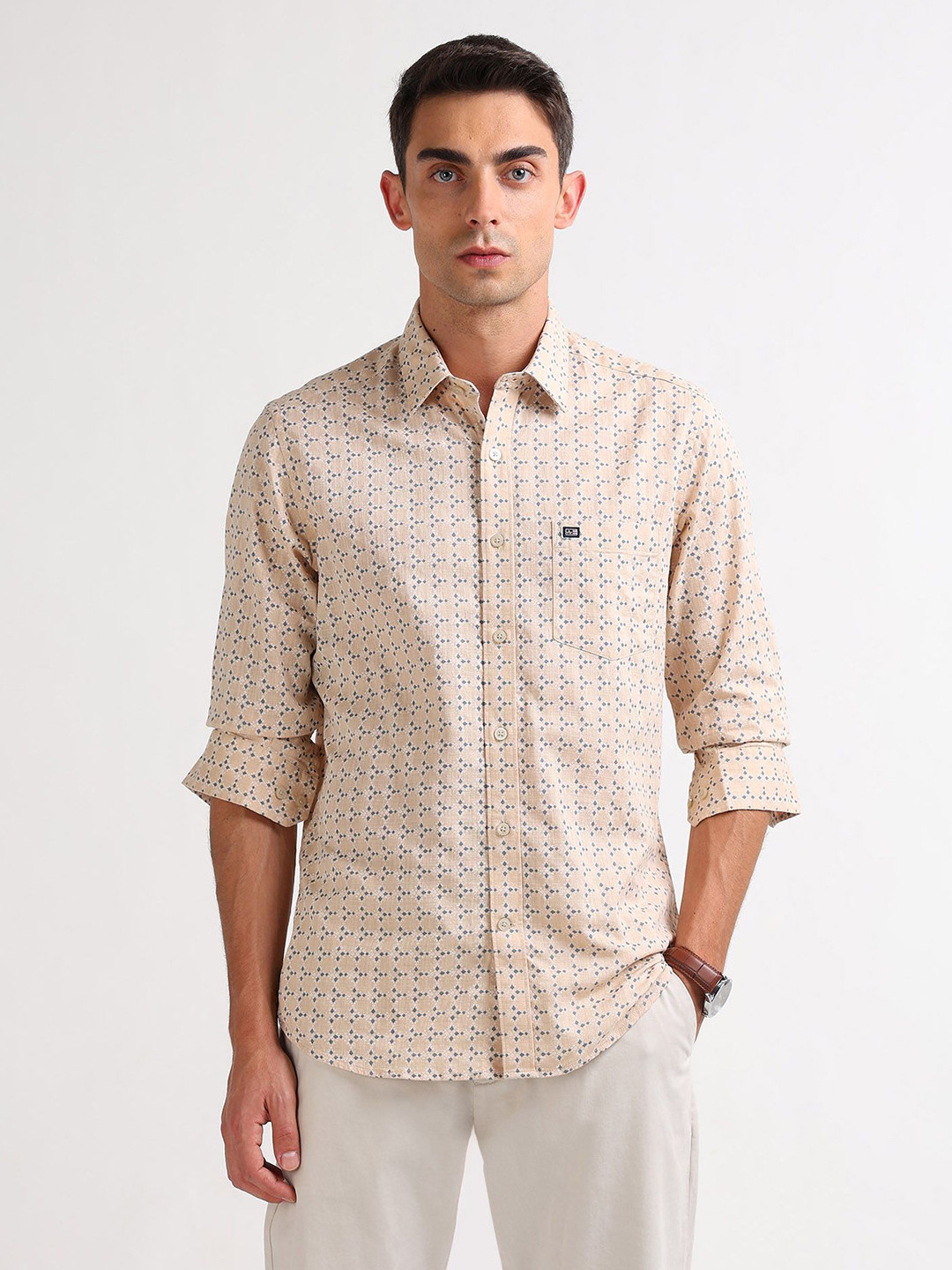 Arrow Sport Geometric Printed Spread Collar Long Sleeves Pure Cotton Slim Fit Pocket Shirt