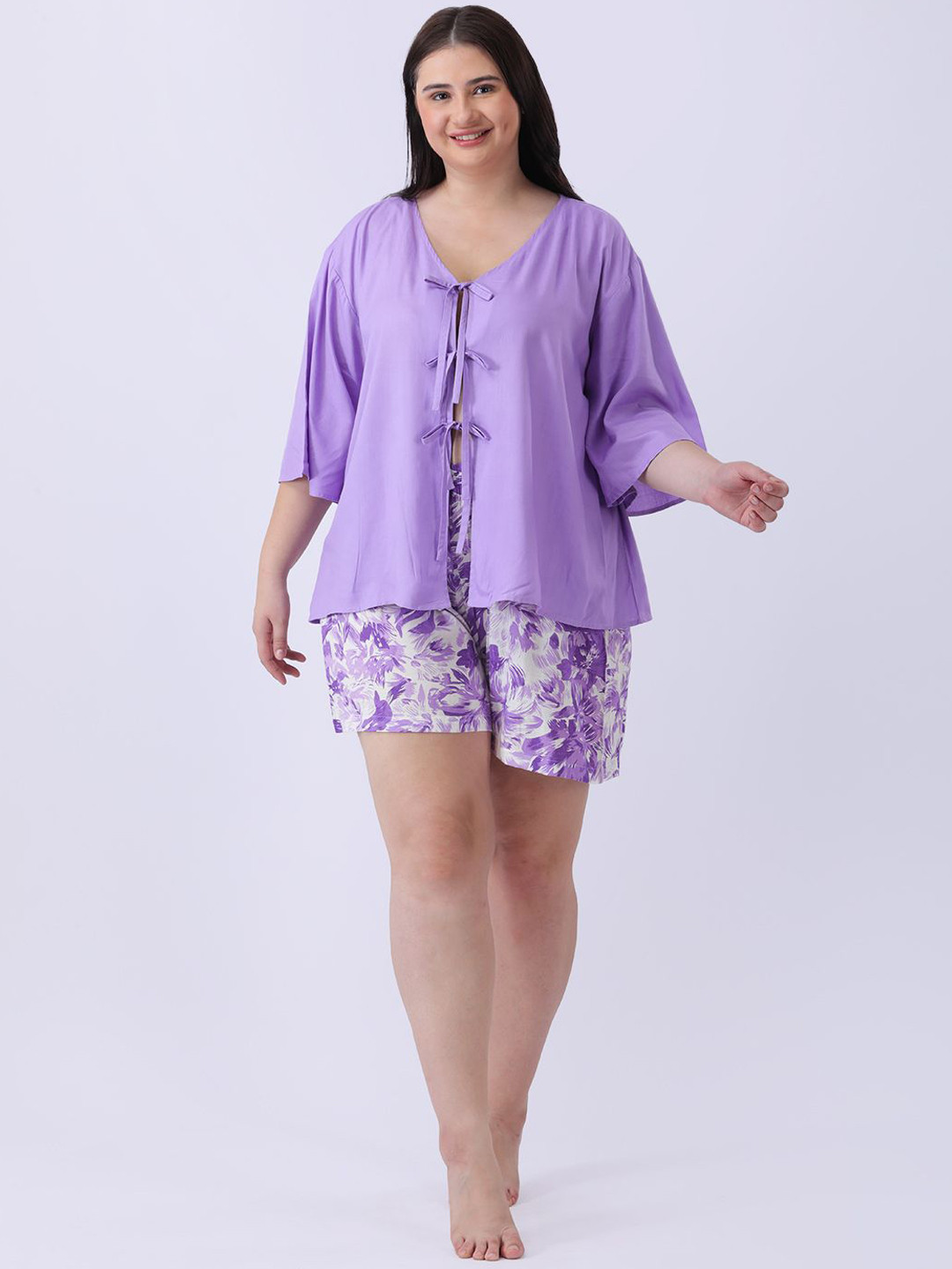 Qurvii+ Women Rayon Tie Up Front Nightsuit
