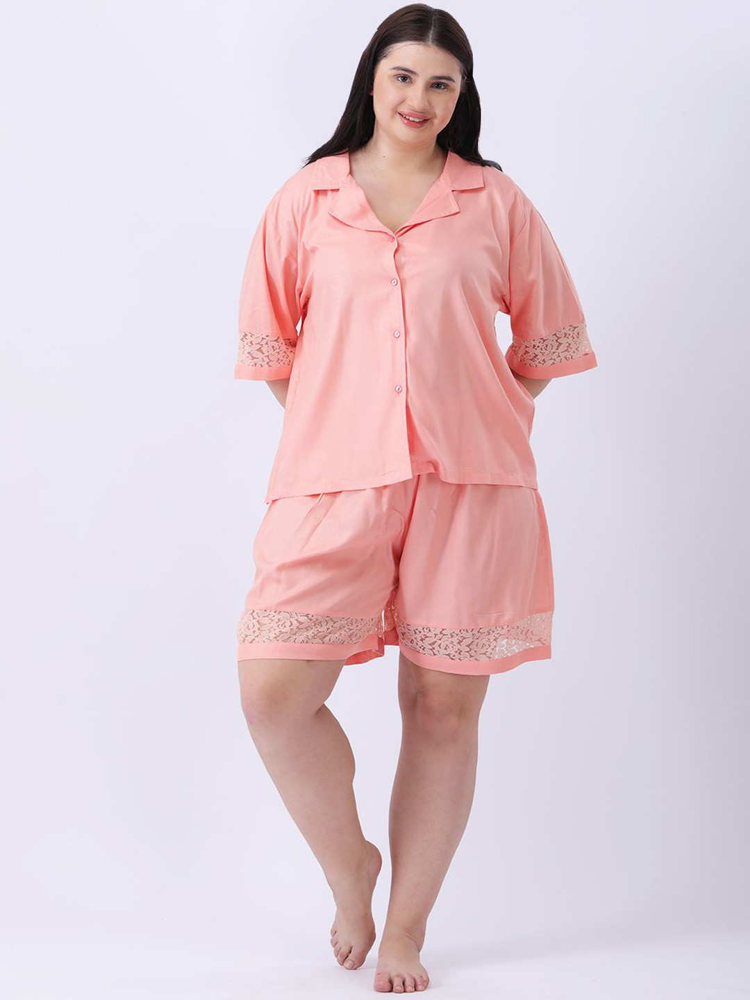 Qurvii+ Women Plus Size Lace Lapel Collar Nightsuits