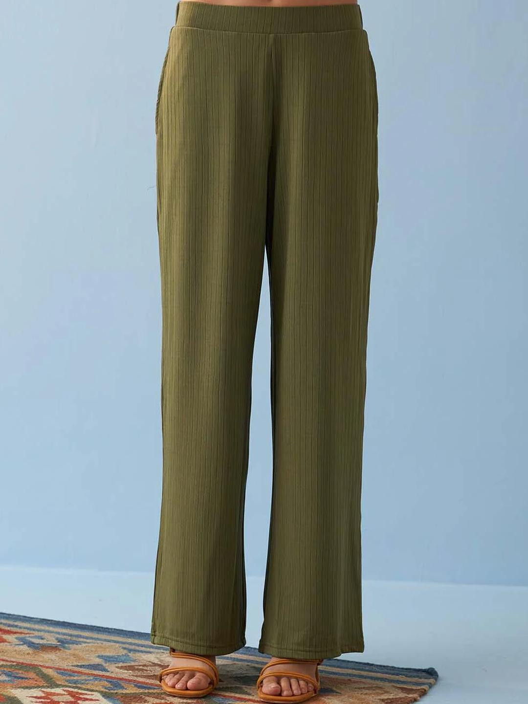 Lakshita Olive Green Elastic Straight Fit Flared Palazzo for Women