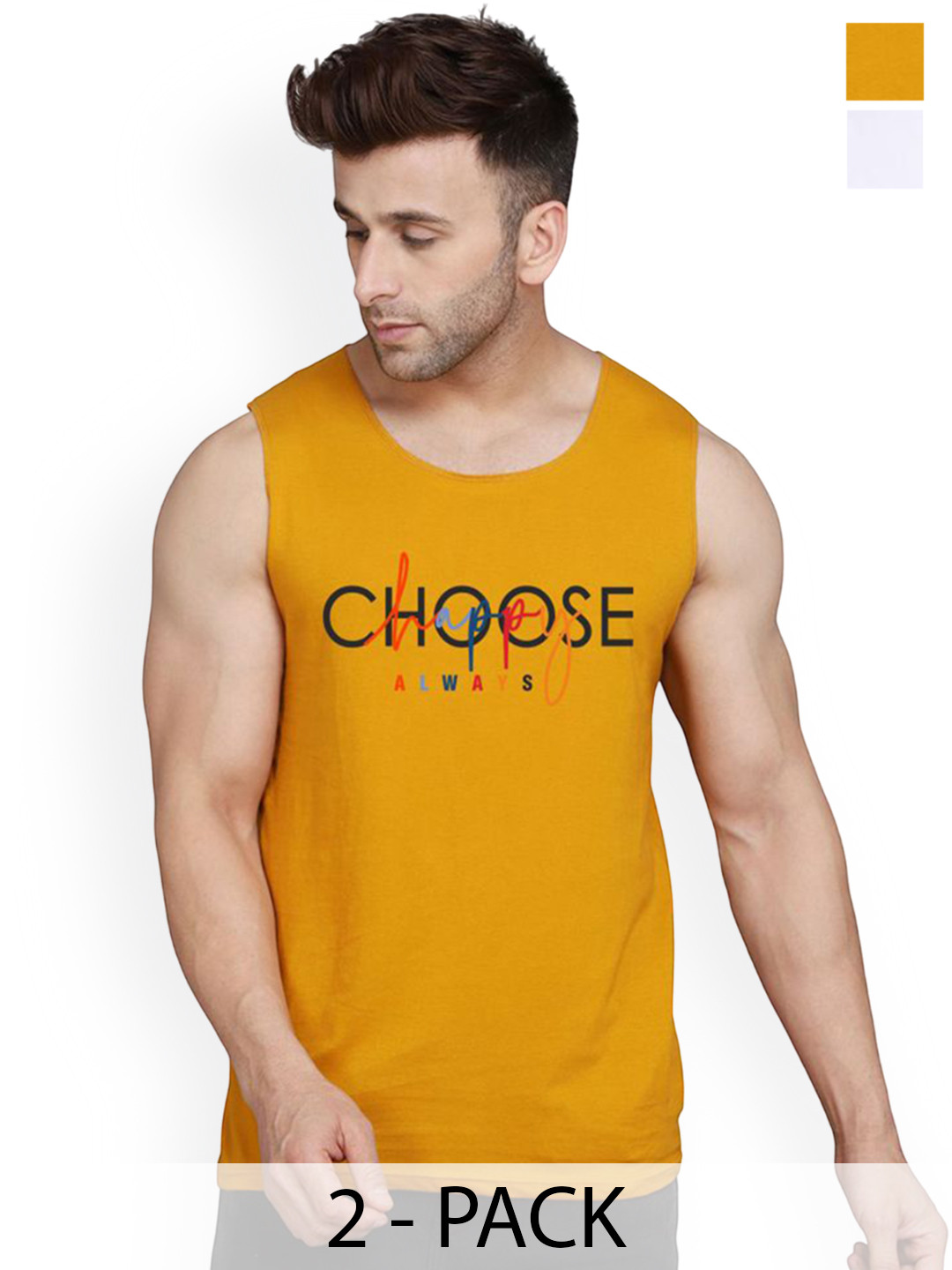 SLOWLORIS Pack of 2 Printed Combed Cotton Vest  VSL26 CMB(CHS MUSTARD)(OVRTNK WHITE)