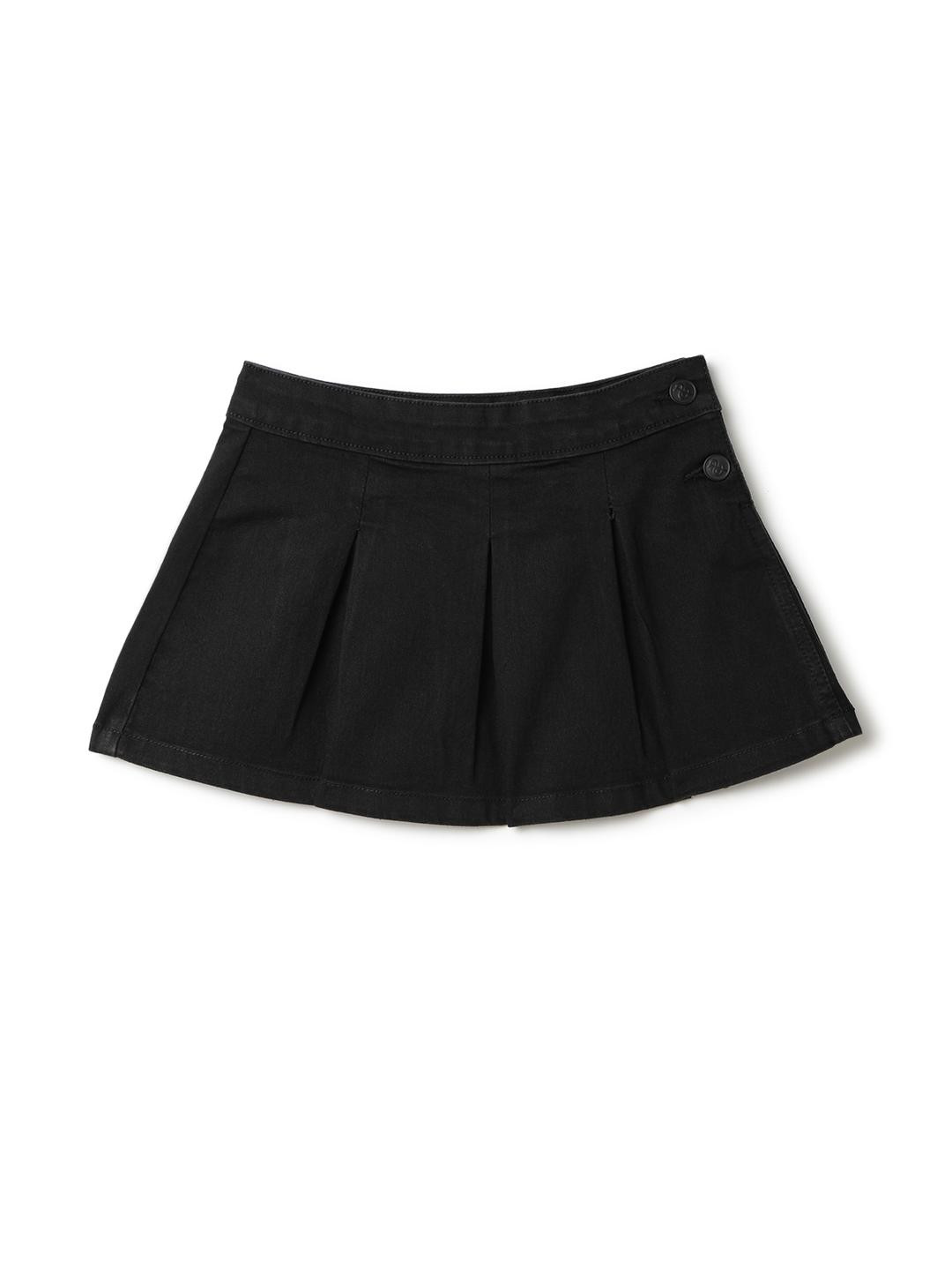 TALES & STORIES Girls Black Solid Denim Pleated Skirt With Button Closure