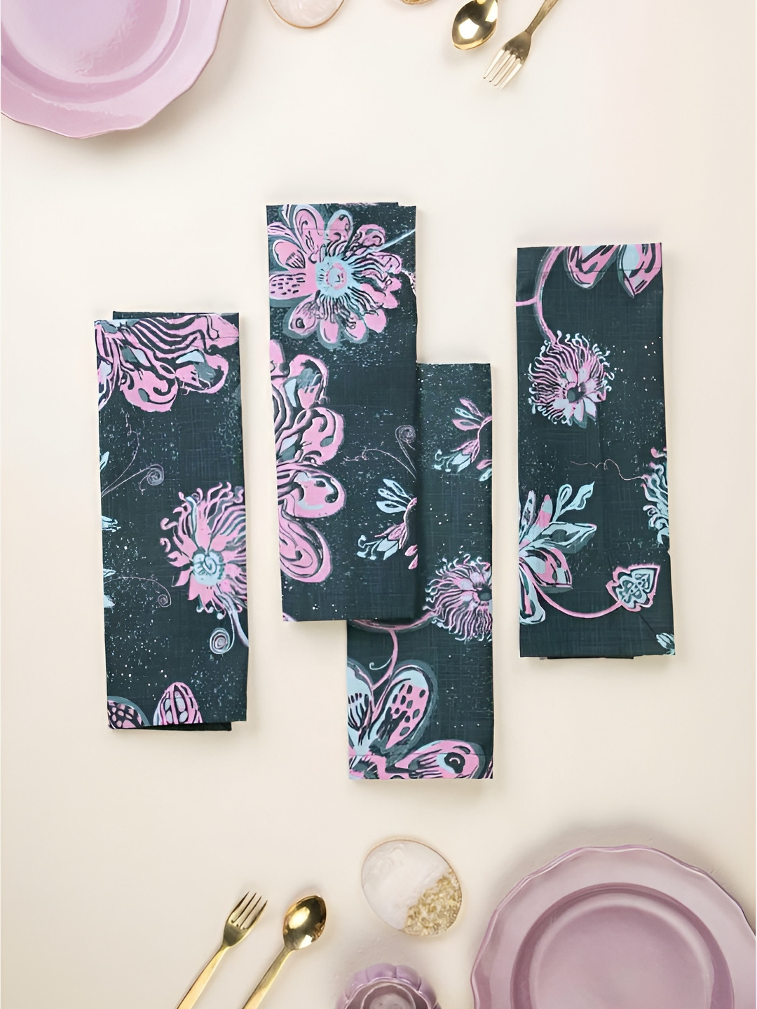 FREEDOM TREE 4-Pcs Blue & Purple Printed Cotton Dinner Table Napkins