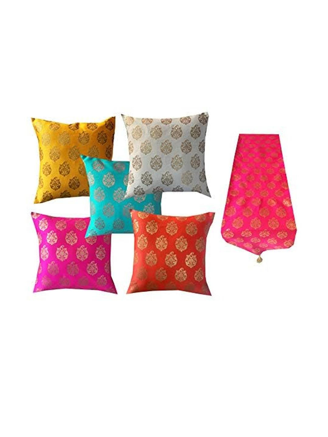 Pinkparrot 12x70 inch jacquard silk table runner and 5 pcs 16x16 inch cushion covers