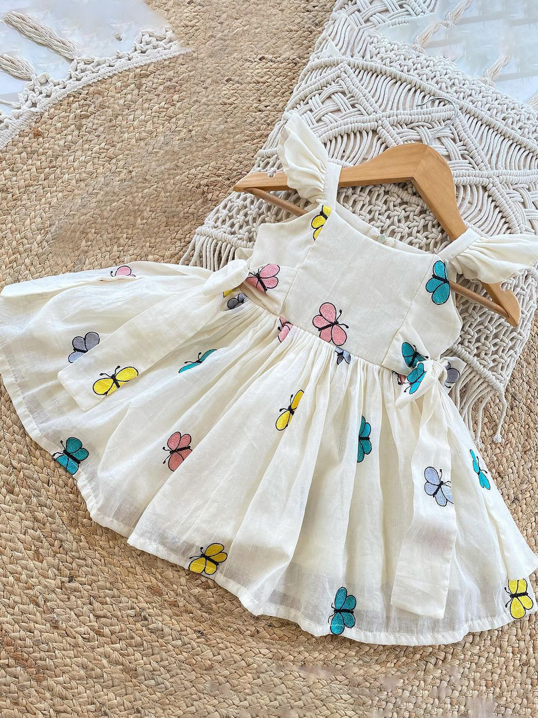 UFB Girls Butterfly Embroidered Flutter Sleeve Tulle Cotton Fit & Flare Dress