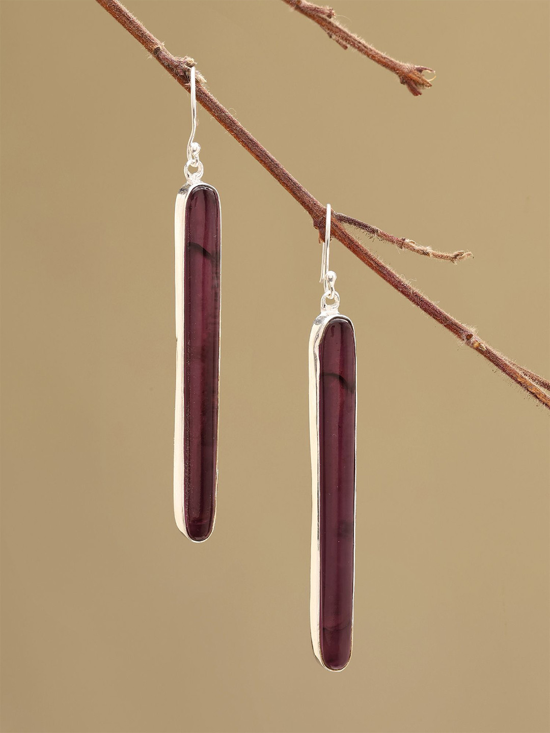 Exotic India Sterling Silver Long Vertical Amethyst Bar Geometric Drop Earrings