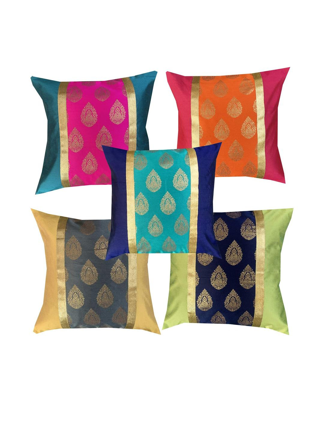 Pink Parrot Pack Of 5 Golden Ethnic Motifs Printed Square Cushion Covers