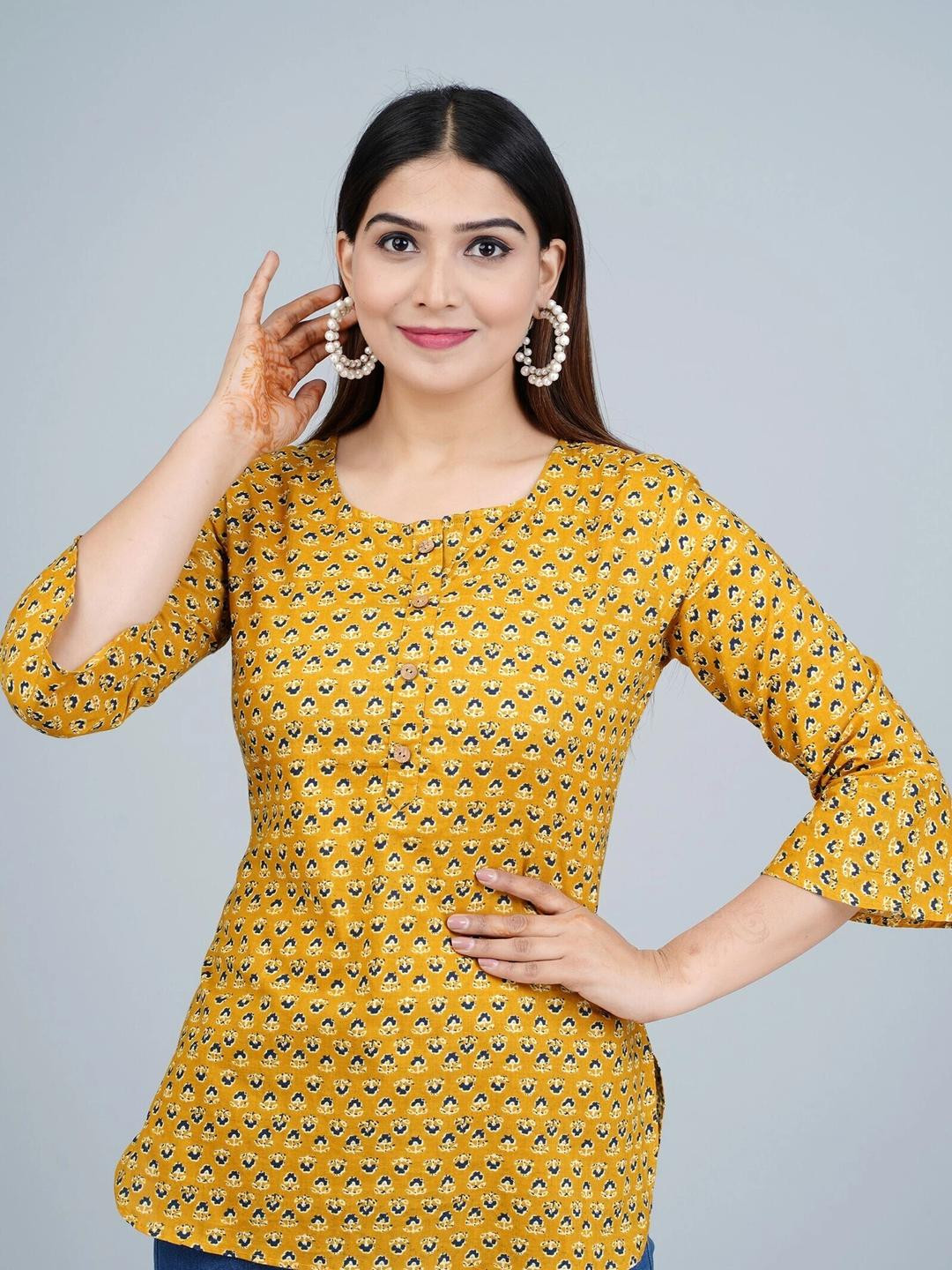 Indiwest Women Mustard Floral Print Cotton Top