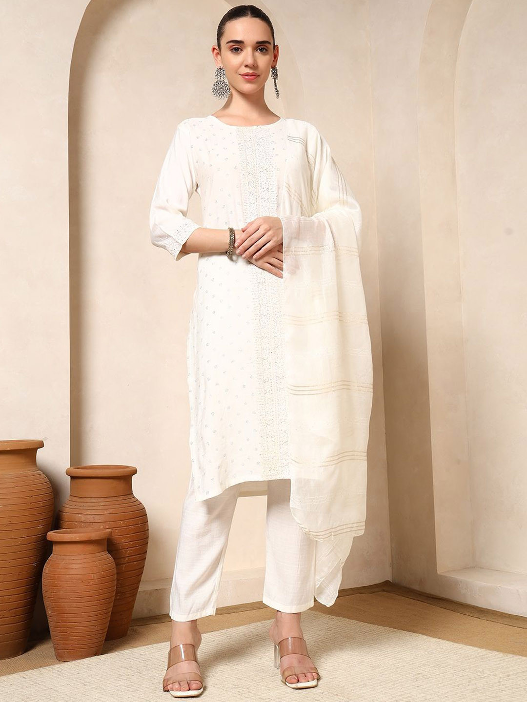 Spera Women Woven Design Embroidered Cotton Kurta with Trousers & Dupatta
