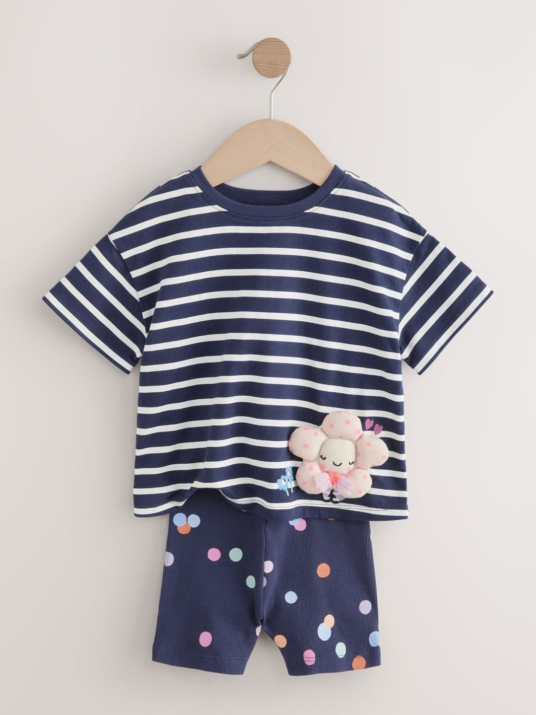 NEXT Girls Floral Applique Striped Pure Cotton T-shirt with Cycle Shorts