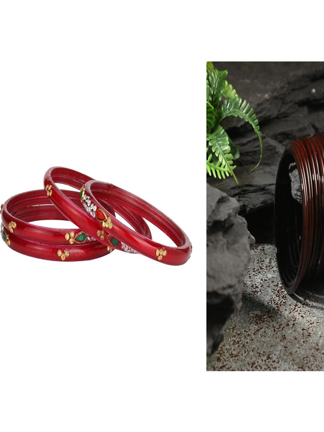 Somil Elegant Combo Glass Bangle Set | Handmade Traditional Chudi For Women | Perfect For Daily & Occasion Use, Combo of 2 Set, Red, Brown