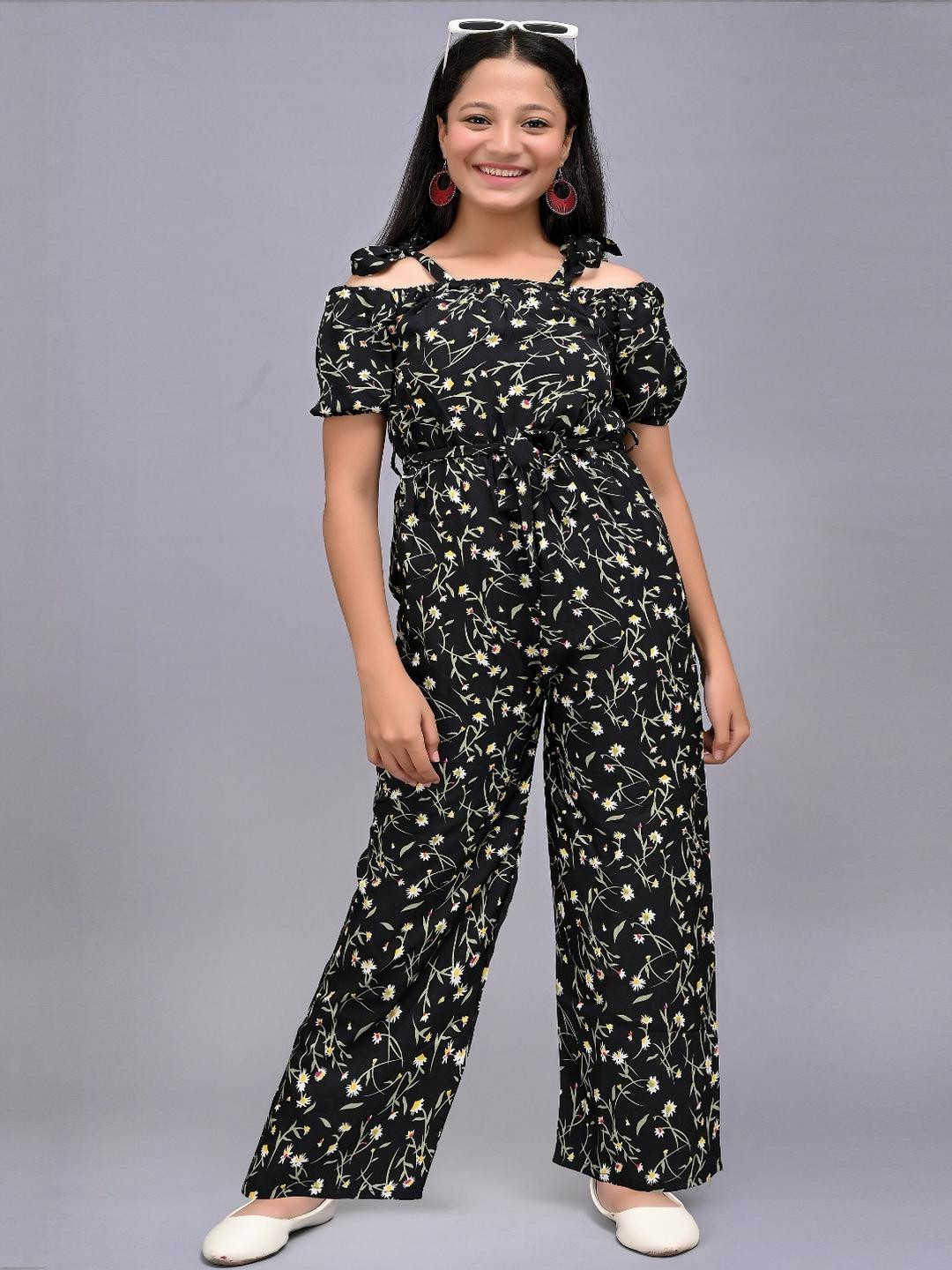 Naida Girls Black Off-Shoulder Floral Printed Basic Jumpsuit