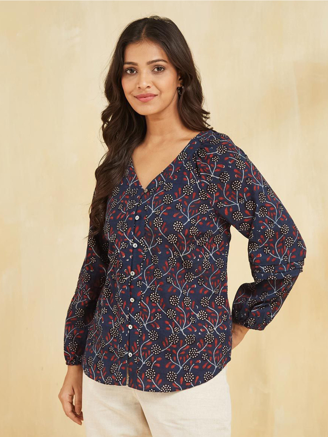 Fabindia Women Ajrak Print  Neck V-Neck Puff Sleeves Cotton Shirt Style Top