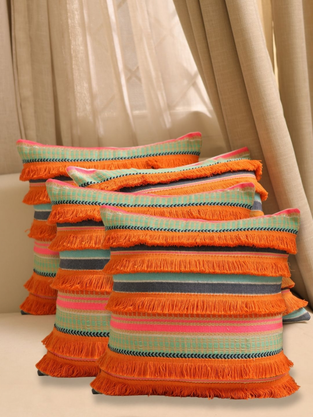 SLEEPY THREADS Orange Colored & Red 4 Pieces Embellished Cotton Square Cushion Covers