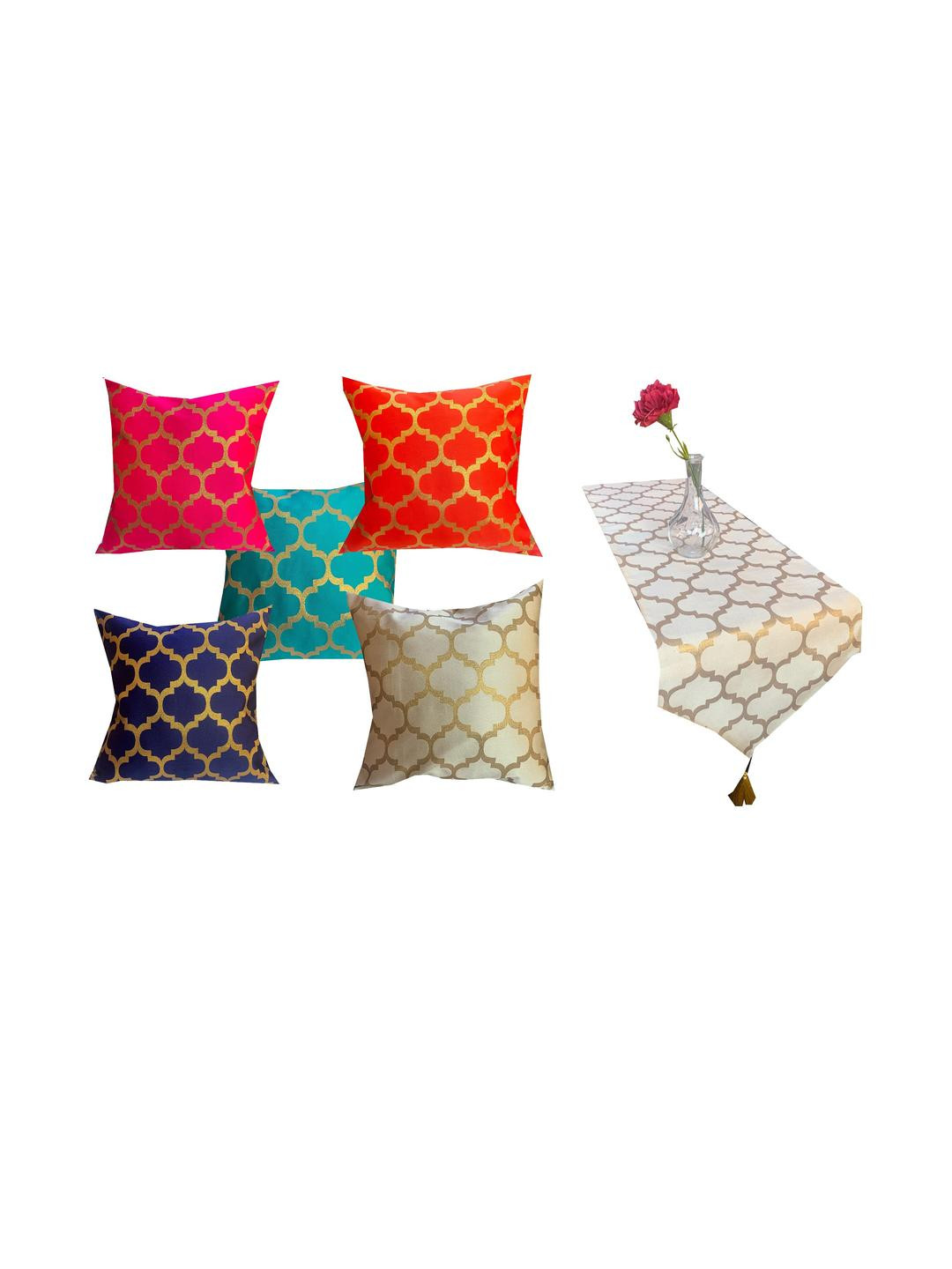 Pinkparrot 12x70 inch jacquard silk table runner and 5 pcs 16x16 inch cushion covers