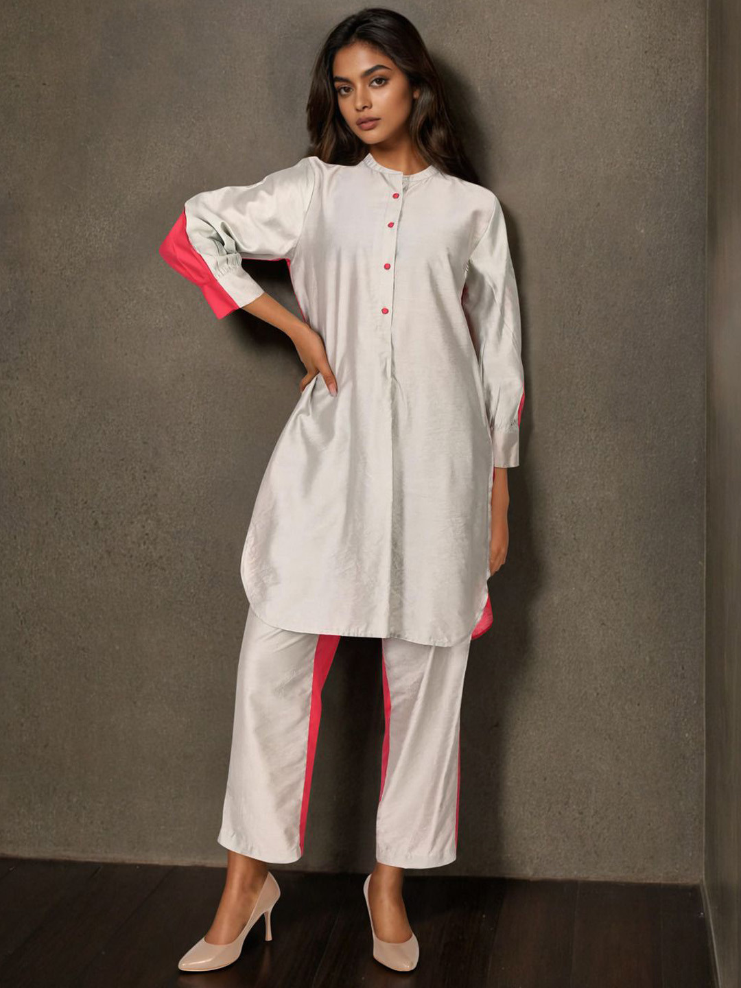 Dora Dori Colourblocked Mandarin Collar Tunic With Trousers Co-Ords