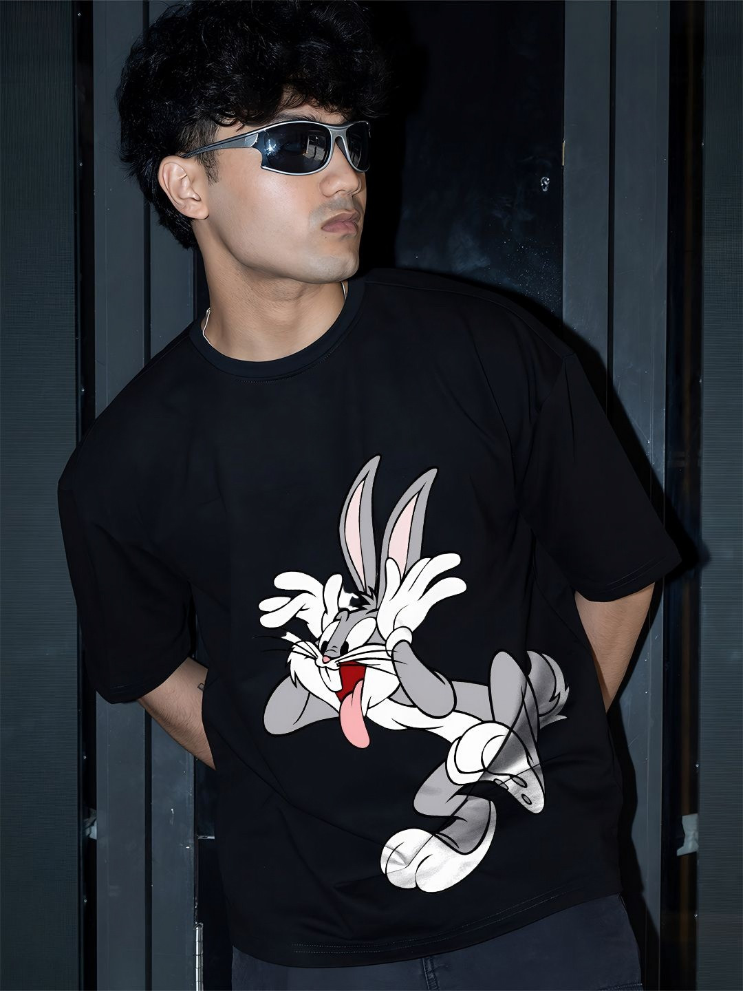 BDSQUARE Men Bugs Bunny Character Printed Round Neck Cotton Oversized T-shirt