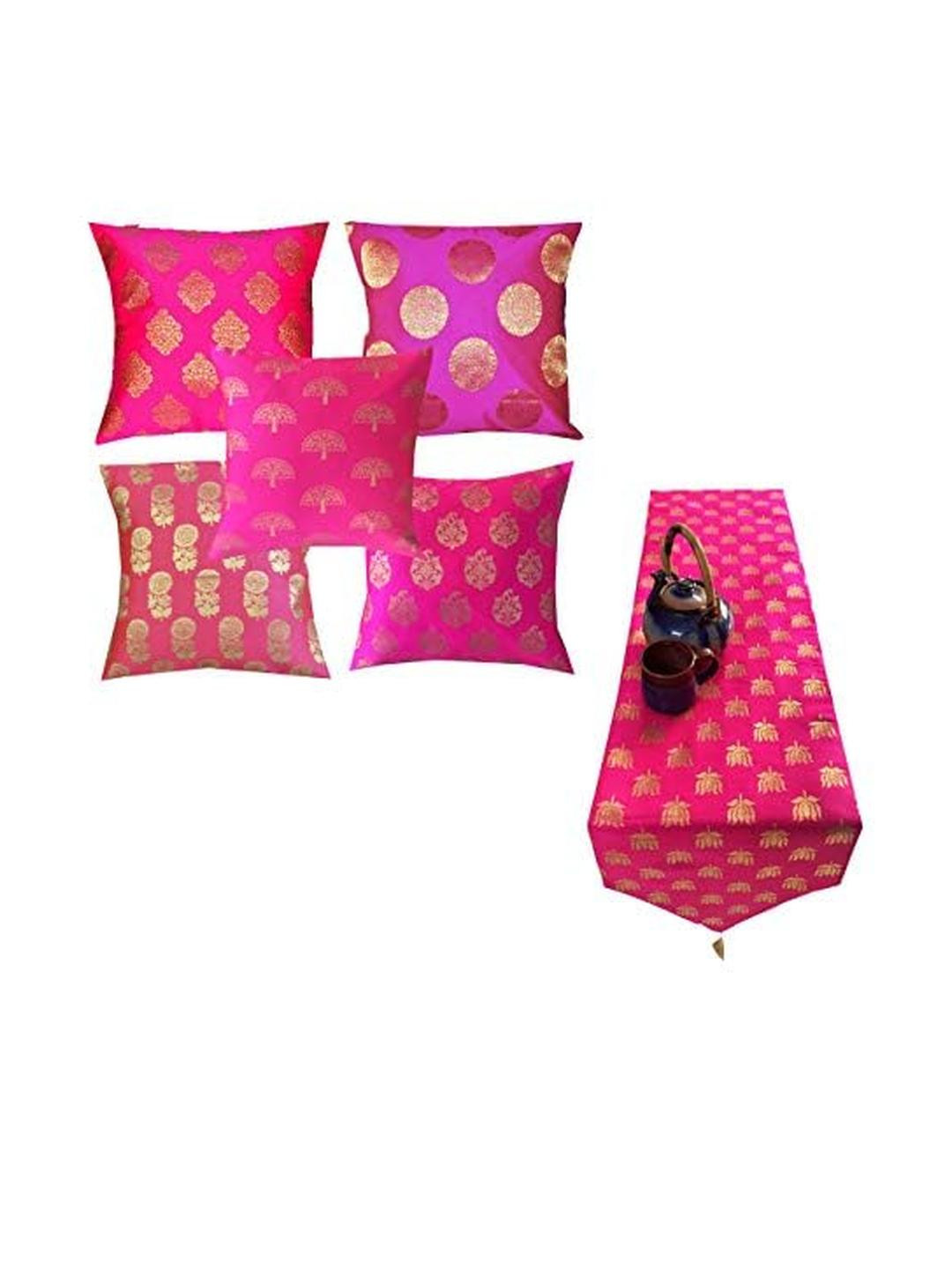 Pink Parrot Pack of 5 Cushion Covers With Table Runner