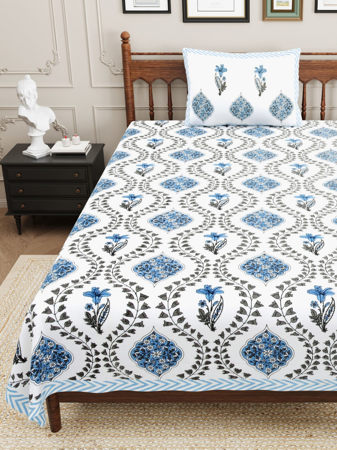 Urban Jaipur Elite White & Blue Printed Cotton 210 TC Single Bedsheet Set 2.28 x 1.52 m
