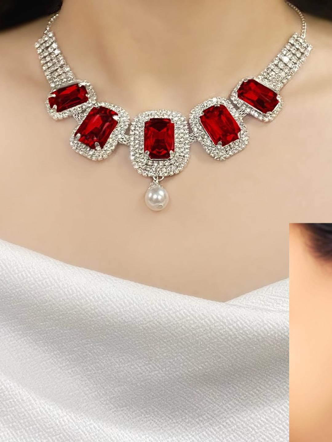 Varnii Silver-Plated Maroon Stone Statement Choker Necklace Set with Earrings
