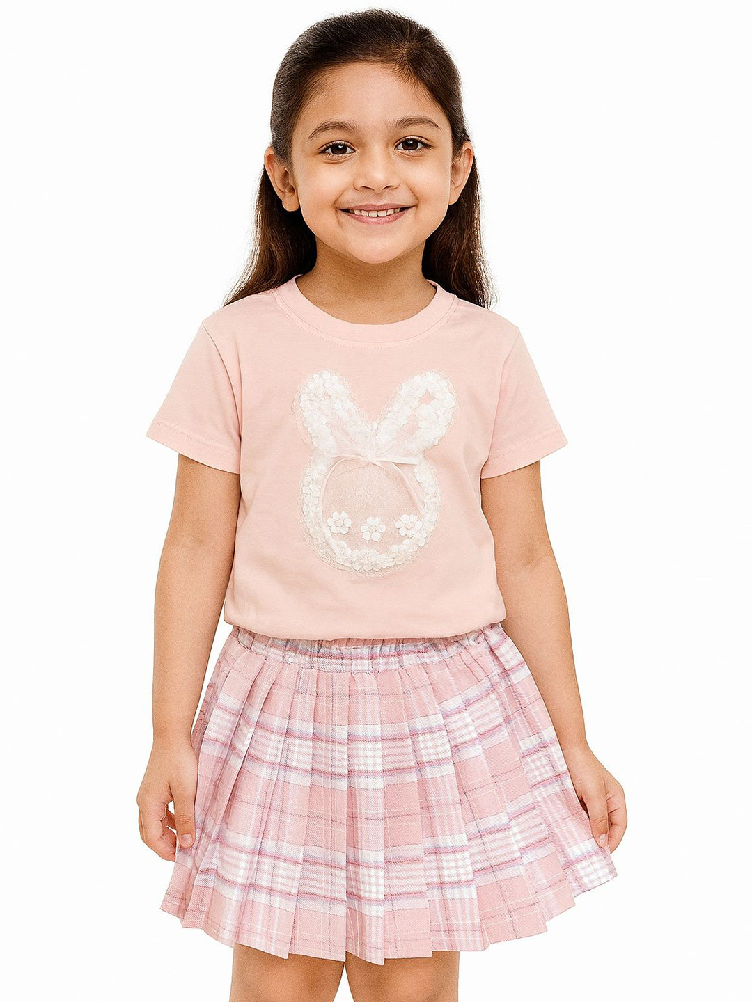 POP STREET KIDS Bunny Bow Whirl Girls Embellished Round Neck T-shirt With Skirt