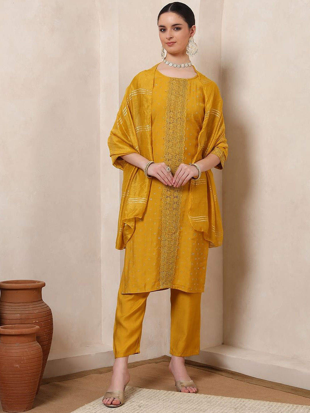 Spera Women Woven Design Embroidered Cotton Kurta with Trousers & Dupatta