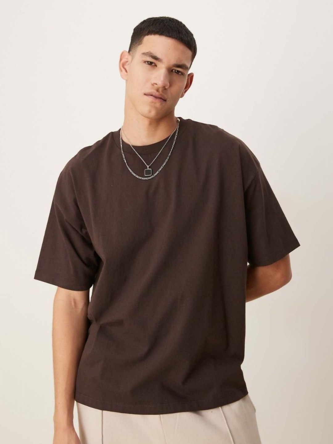SMAN Oversized Brown Cotton T-shirt with Drop-Shoulder Sleeves