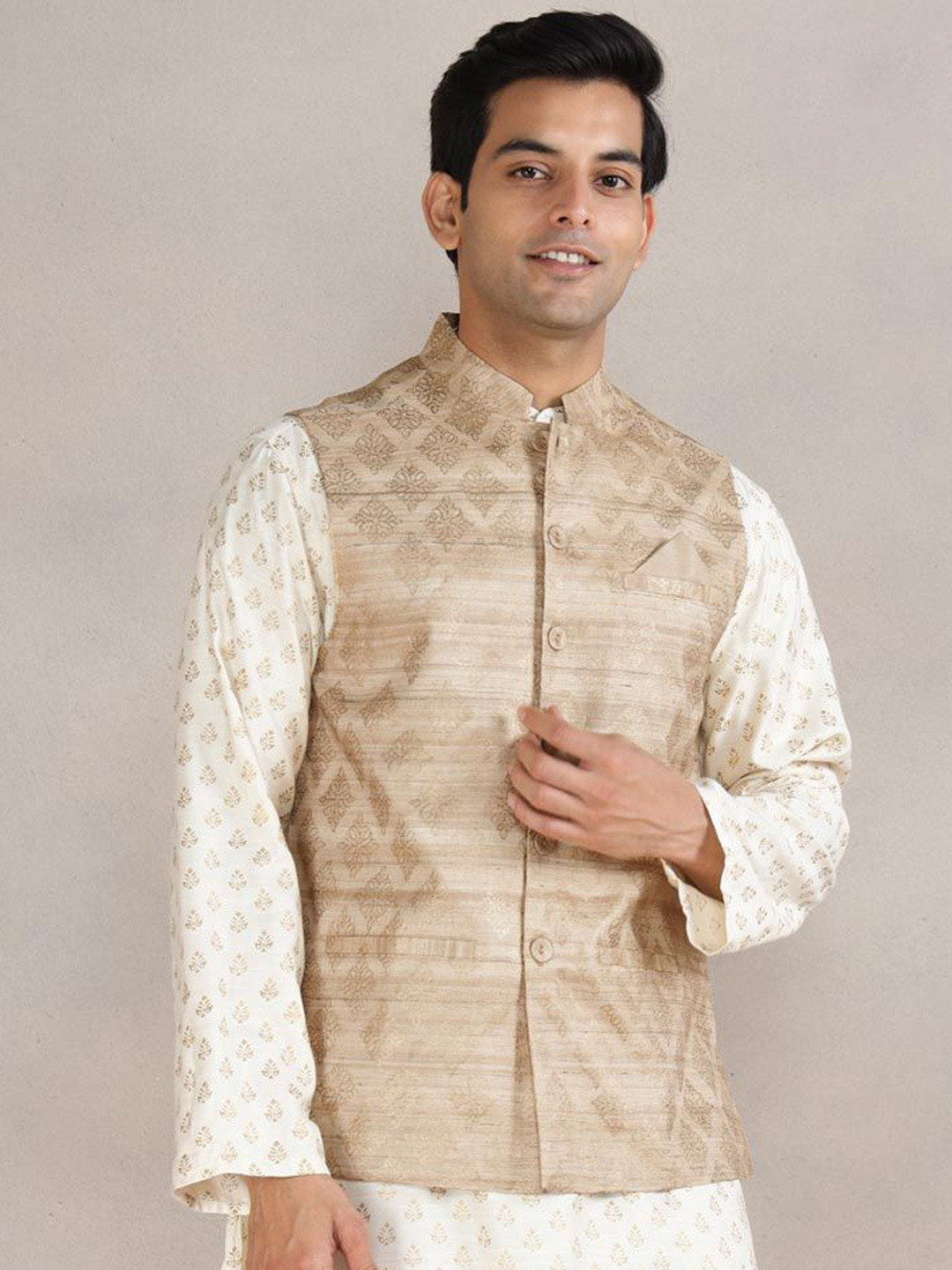 Fabindia Block Printed Silk Mandarin Collar Nehru Jacket