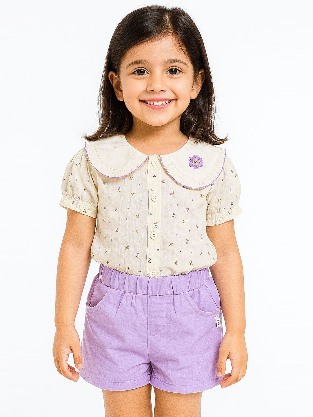 POP STREET KIDS Vintageinspired Girls Floral Printed Peter Pan Collar Top With Shorts