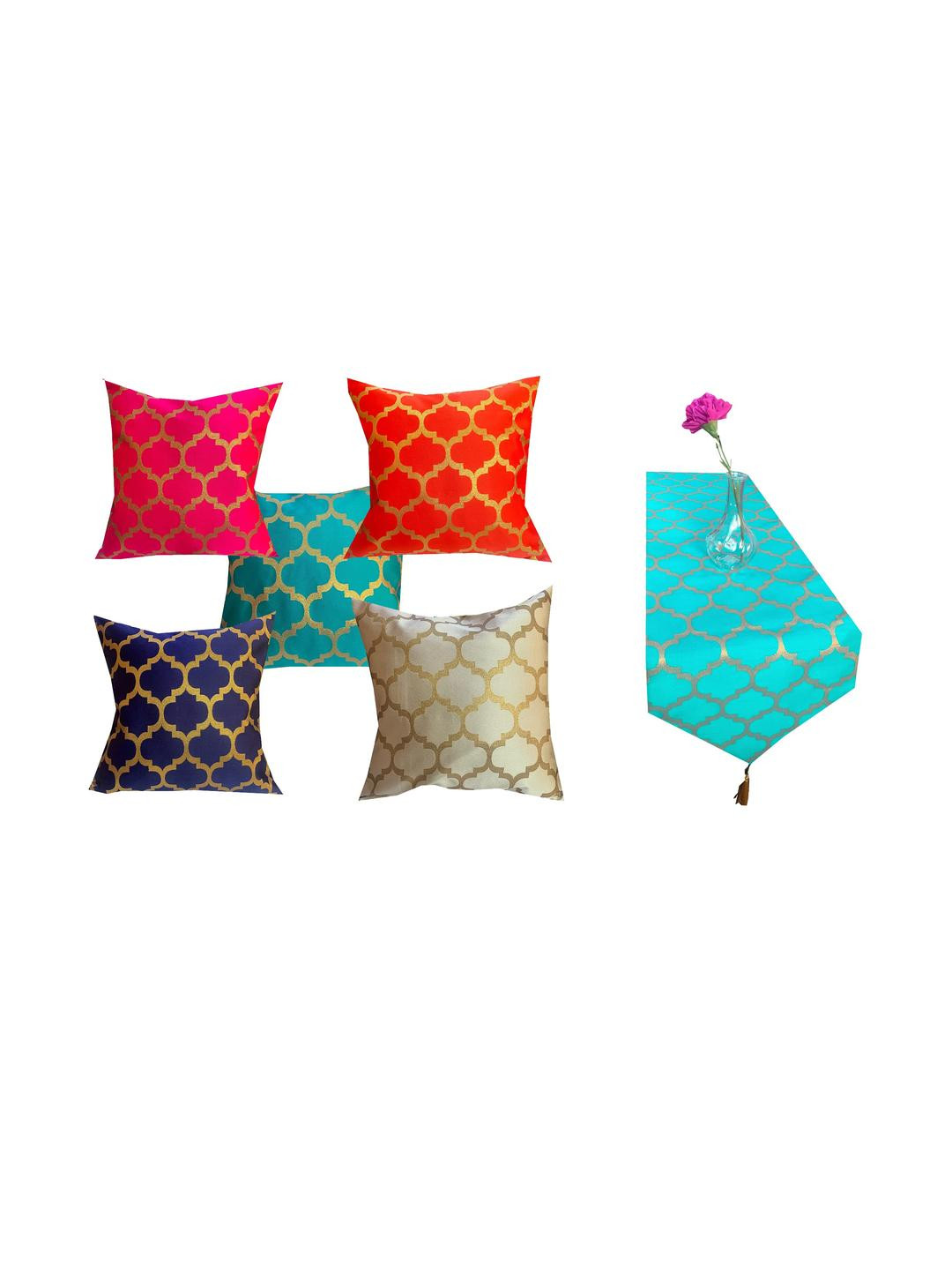 Pink Parrot Red Gold & Grey Printed Jacquard Silk Table Runner & 5 Pcs Of Cushion Covers