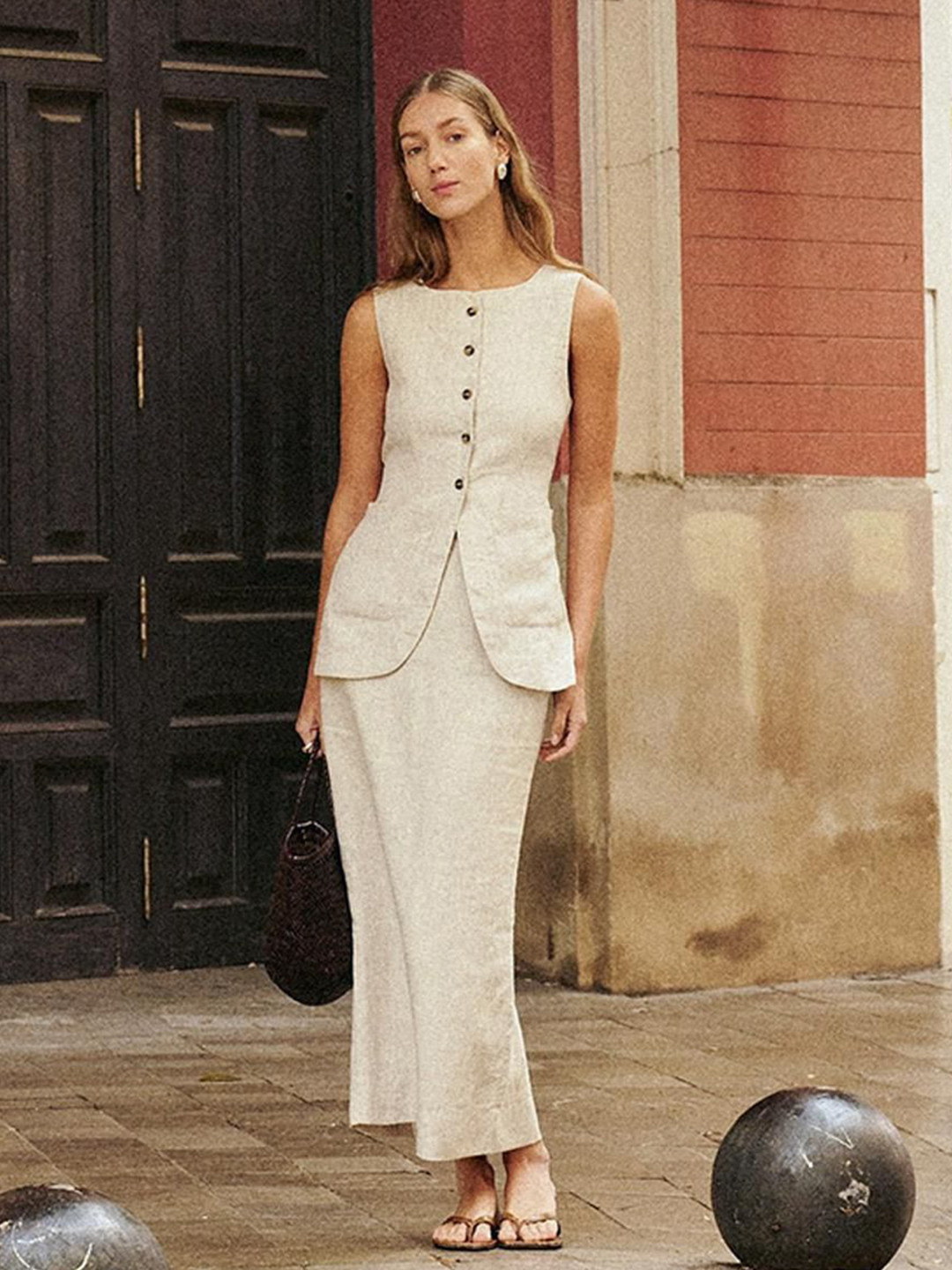 Miss Mosa By Akanksha  Geneva Statement Linen Vest Suit With Skirt