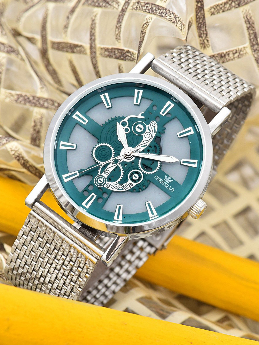 CRESTELLO Men Skeleton Dial & Bracelet Style Straps Analogue Watch CR-WT246-GRN-CH