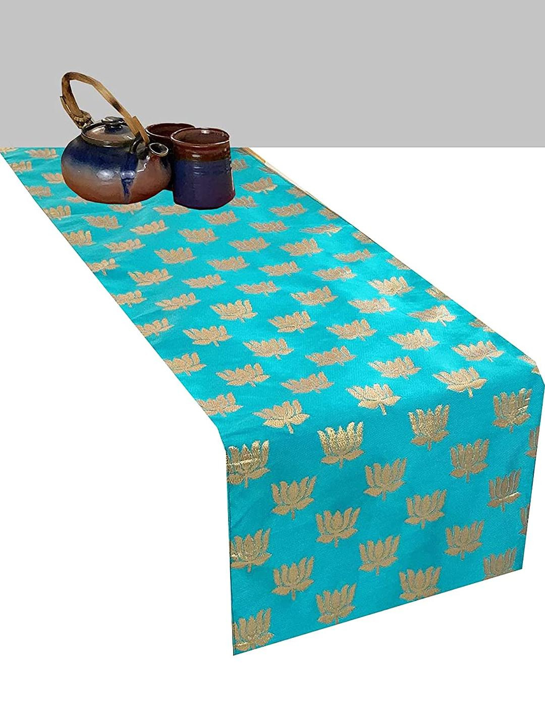 Pink Parrot Blue & Gold Floral Silk Table Runner