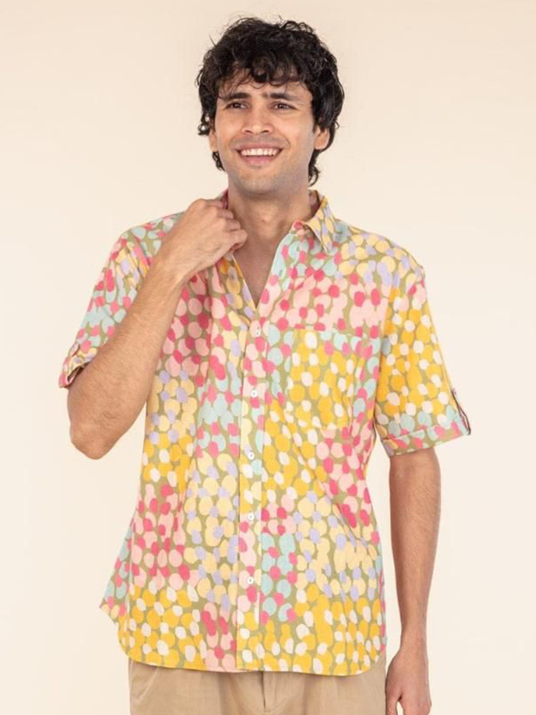 FREEDOM TREE Men Comfort Relaxed Fit Abstract Printed Spread Collar Cotton Casual Shirt