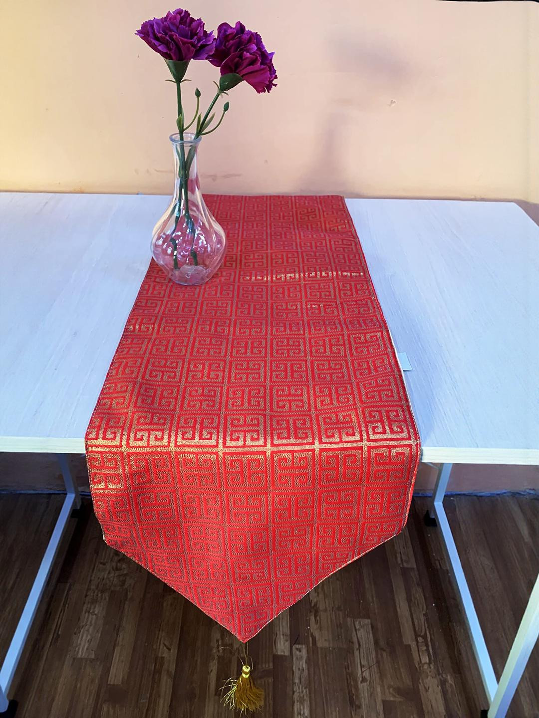 Pink Parrot Red And Gold Color Ethnic Motifs Polyester Jacquard silk table runner