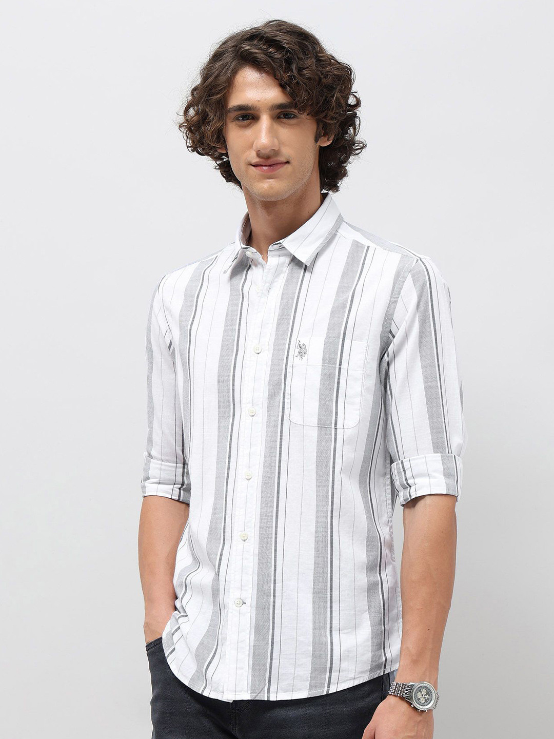 U.S. Polo Assn. Denim Co. Slim Fit Vertical Striped Pure Cotton Casual Shirt