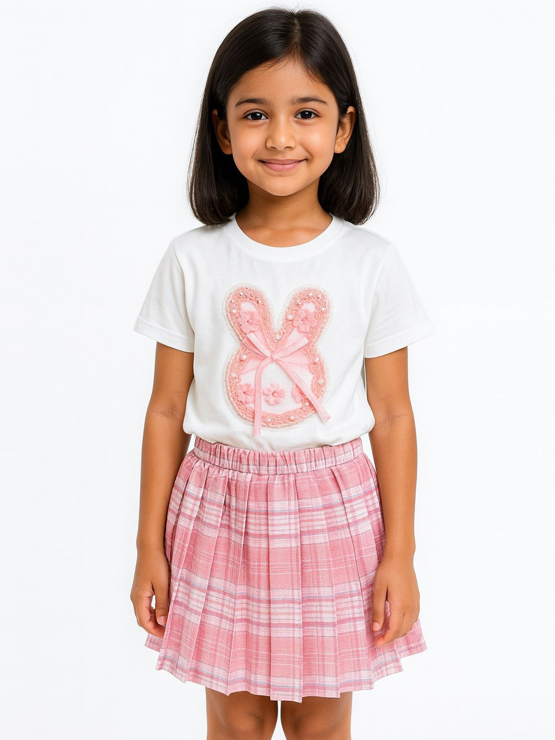 POP STREET KIDS Bunny Bow Whirl Girls Embellished Round Neck T-shirt With Skirt