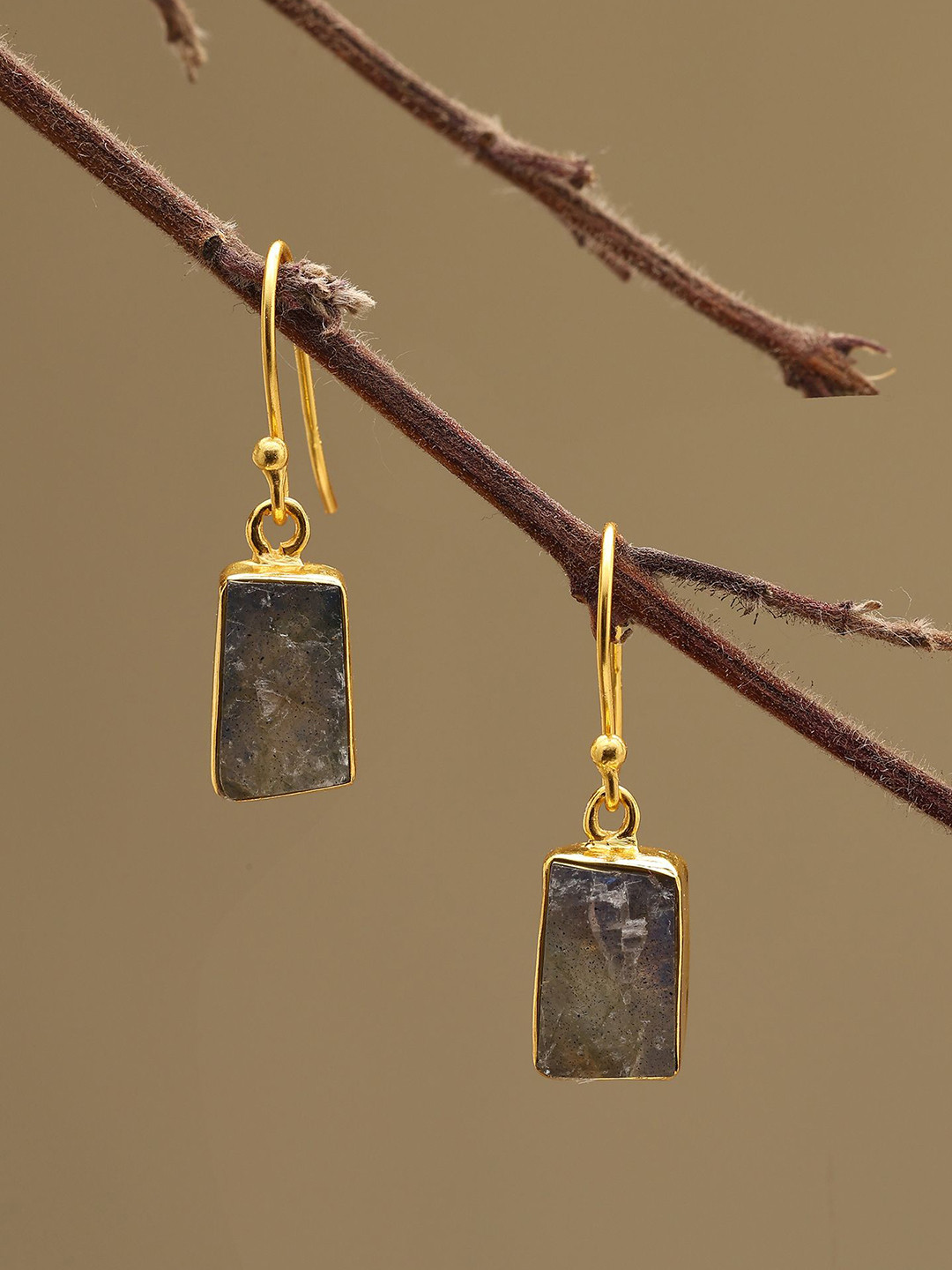 Exotic India 925 Sterling Silver Gold-Plated Labradorite Geometric Drop Earrings