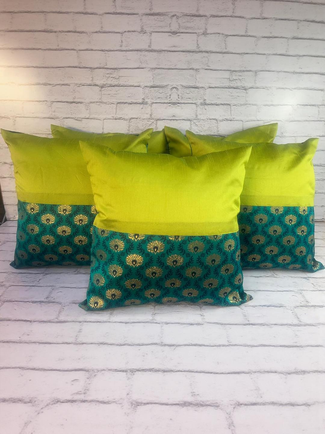 Pink Parrot Pack Of 5 Green & Golden Ethnic Motifs Printed Square Cushion Covers