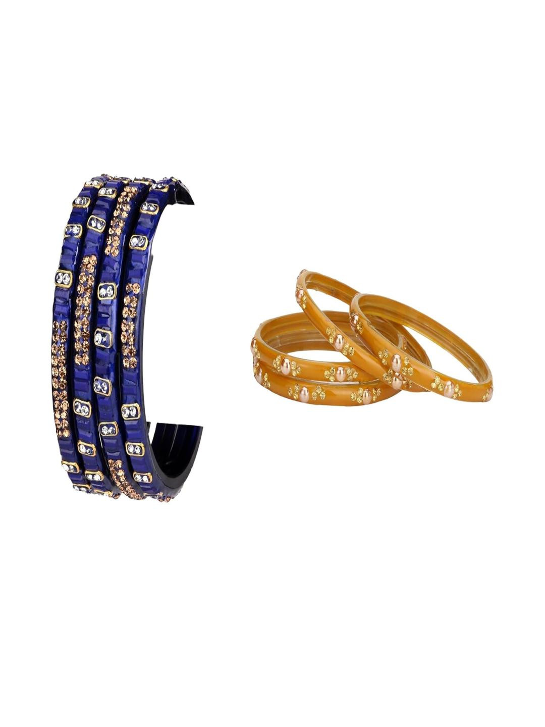 SOMIL Set Of 8 Blue and Yellow Glass Artificial Stones Bangles