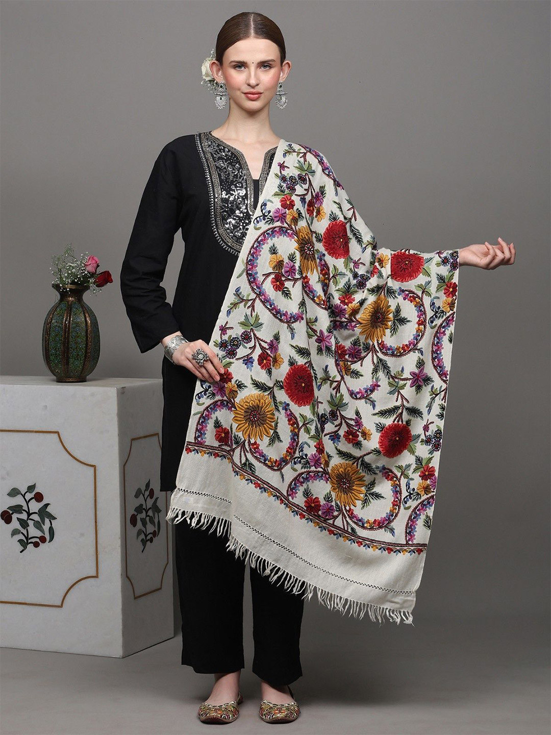 Exotic India Floral Kashmiri Embroidered Aari Work Pure Woollen Shawl