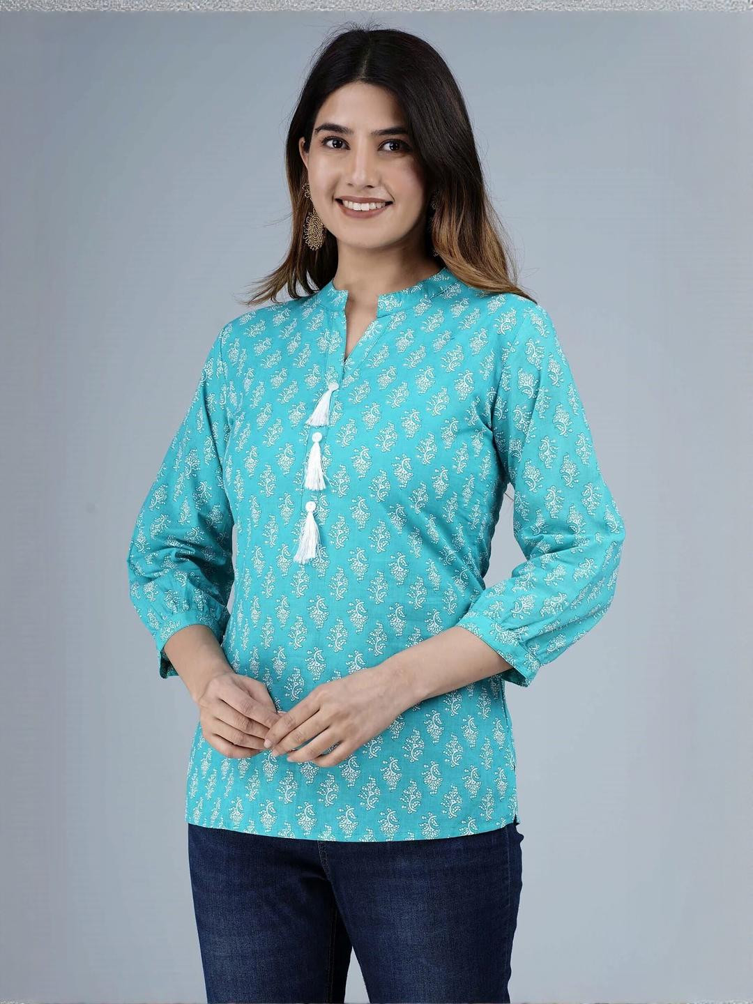 Indiwest Polka Dot Print Blue Straight Cotton Top