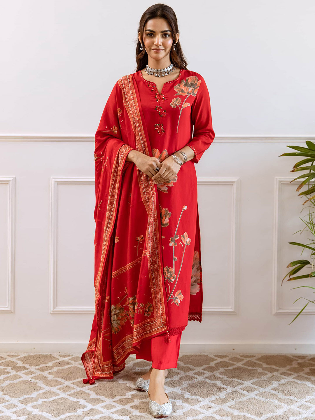 Spera Floral Printed Notch Neck Beads And Stones Kurta With Trousers & Dupatta
