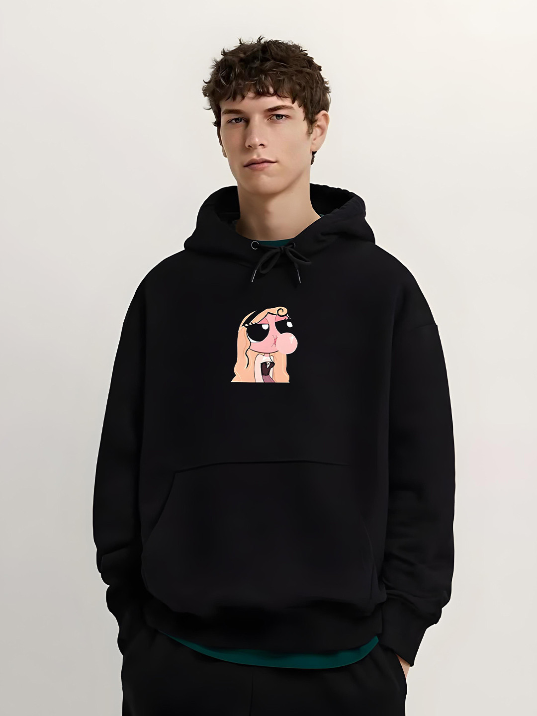Stitchmeashirt Men Power Puff Cartoon Character Printed Hooded Oversized Sweatshirt