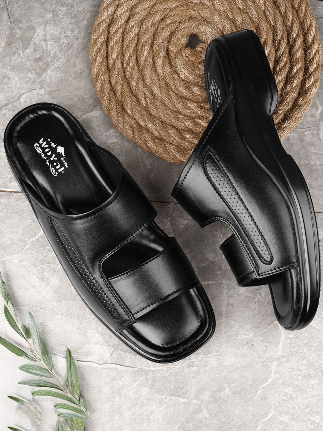 Woyak Men Solid Slip On Open Toe Flats