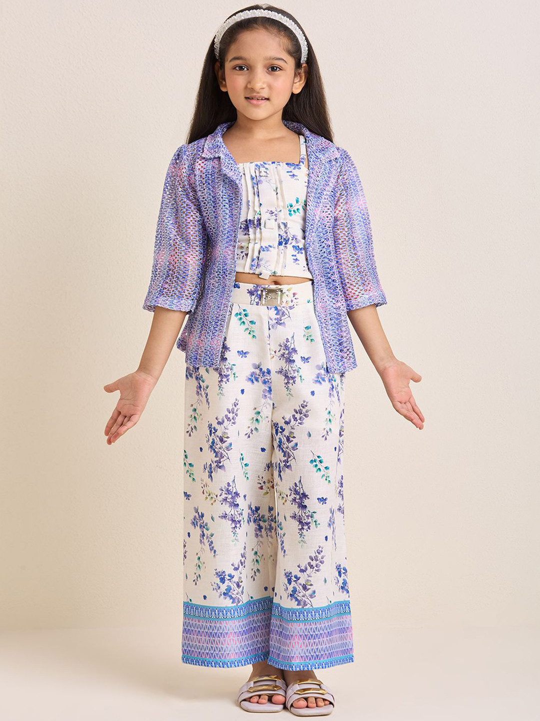 ZIP ZAP ZOOP Girls Floral Printed Pure Cotton Top & Trousers With Jacket