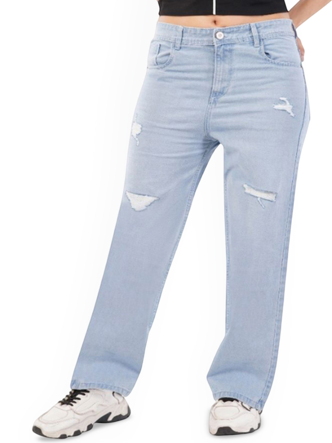 VRONE Women Comfort Regular Fit Mid-Rise Mildly Distressed Stretchable Cotton Jeans