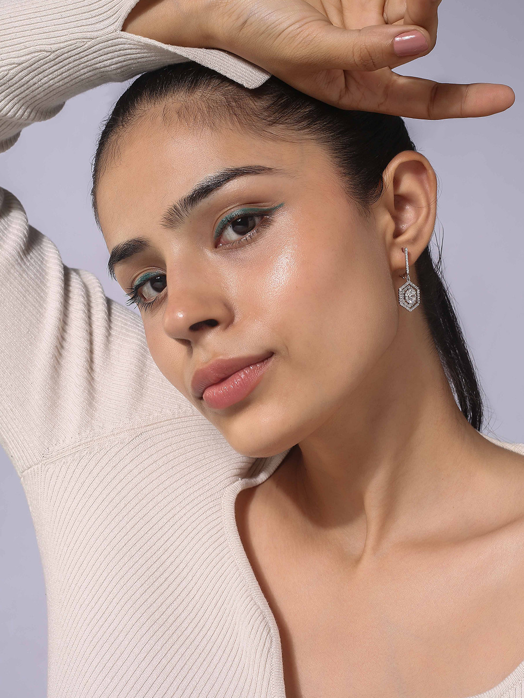 MINJI AND CO. Silver-Plated Artificial Stones Studded Hexagon Shaped Hoop Earrings