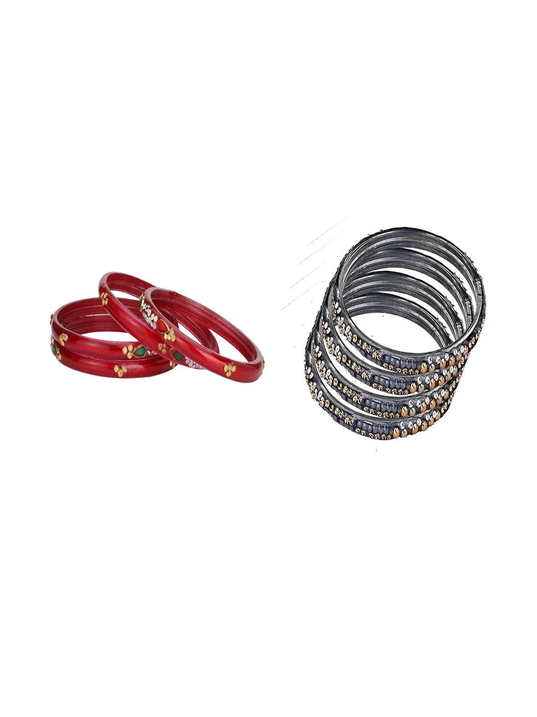 Somil Elegant Combo Glass Bangle Set | Handmade Traditional Chudi For Women | Perfect For Daily & Occasion Use, Combo of 2 Set, Red, Grey
